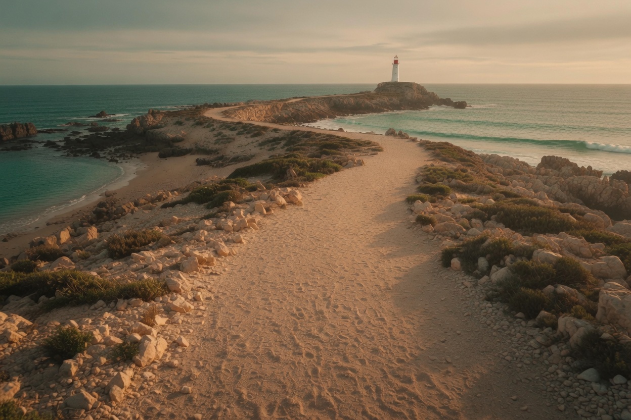 Weg durch die Dünen zum Leuchtturm bei Sonnenuntergang